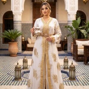 model-wearing-premium-silk-golden-white-moroccan-takchita