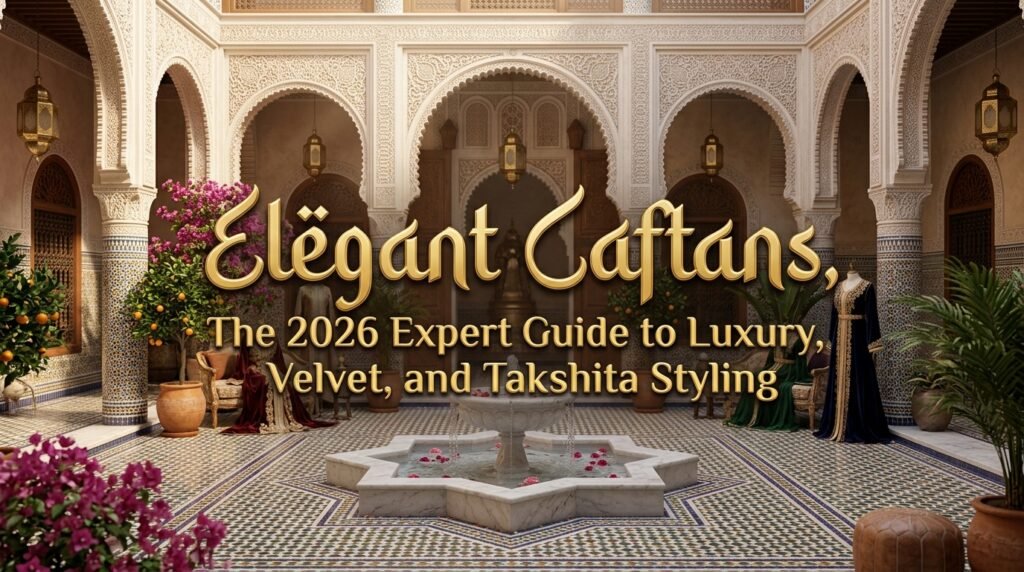 Elegant Caftans The 2026 Expert Guide to Luxury Velvet and Takshita Styling - Premium Moroccan dresses displayed in a traditional riad courtyard with a fountain