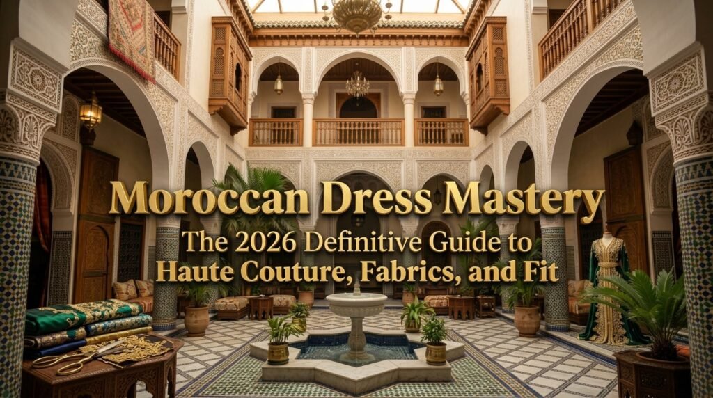 Moroccan Dress Mastery The 2026 Definitive Guide to Haute Couture Fabrics and Fit - Luxury kaftan tailoring setup in a traditional riad
