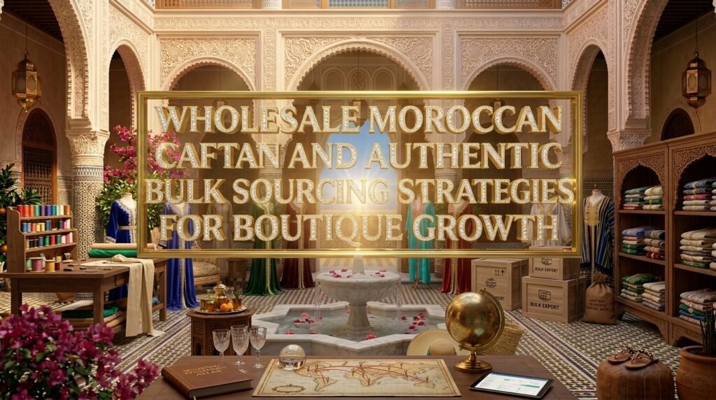 Wholesale Moroccan Caftan and Authentic Bulk Sourcing Strategies for Boutique Growth - B2B bulk export boxes, fabric rolls, and traditional dresses displayed in a Moroccan riad