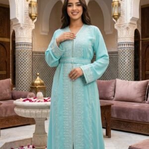 Light blue Moroccan caftan dress with traditional embroidery