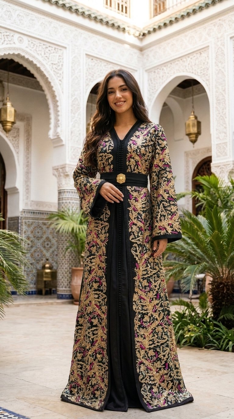 Black Moroccan takchita with ornate gold embroidery and pink accents