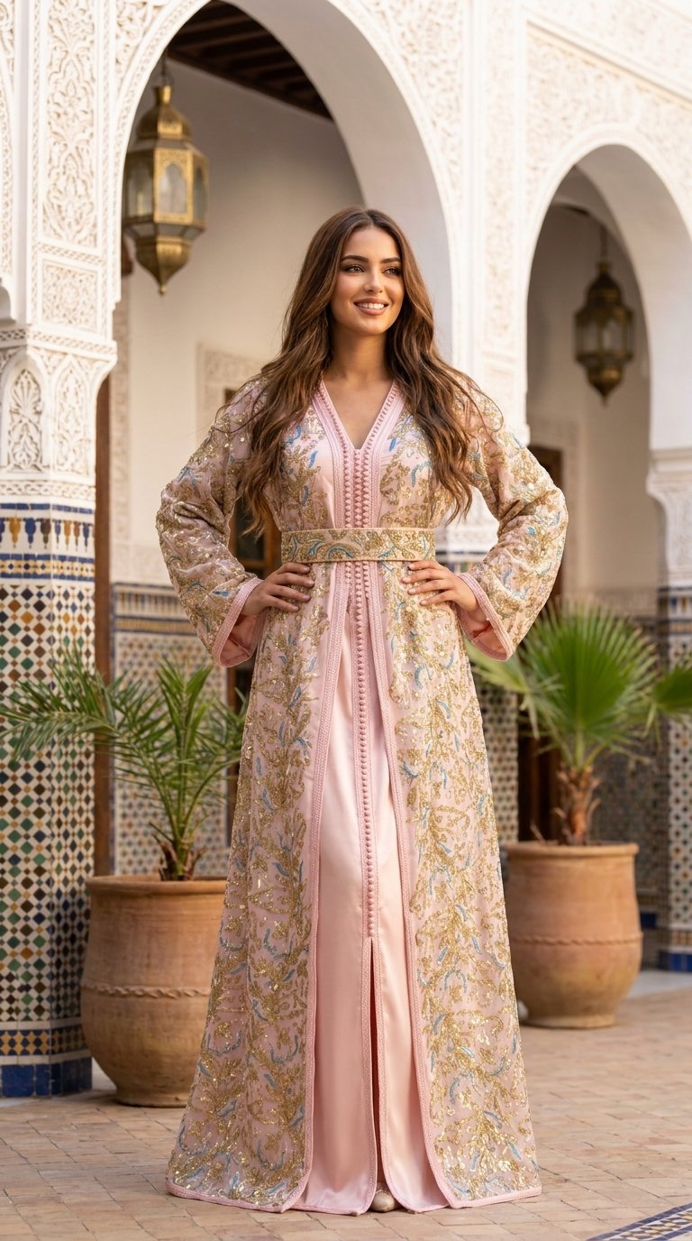 Blush pink Moroccan takchita with gold embroidery and blue accents
