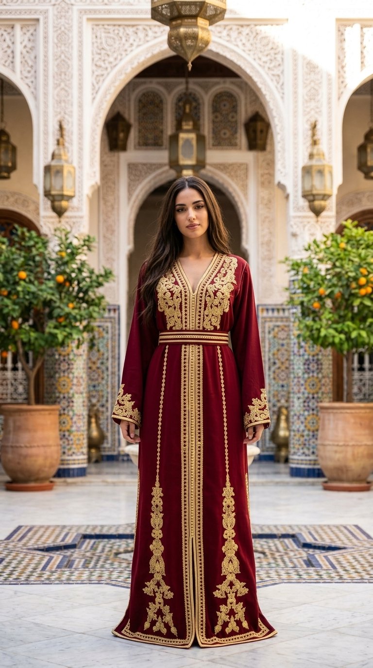 Burgundy velvet Moroccan caftan with gold embroidery and matching belt