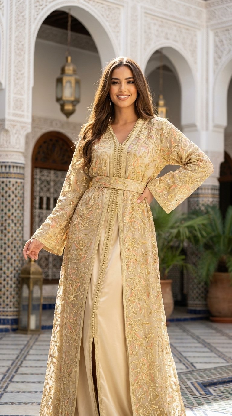 Champagne gold Moroccan takchita with intricate gold embroidery and pink accents