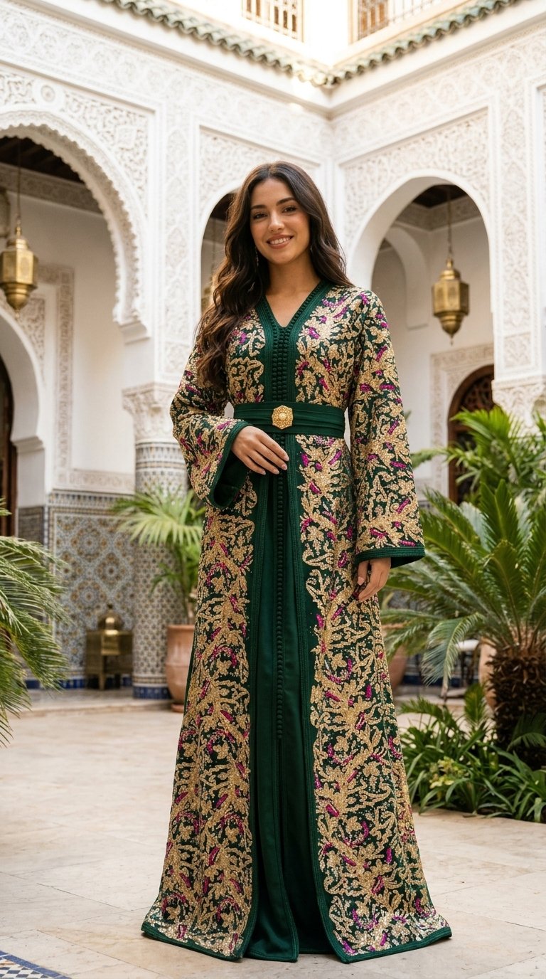 Emerald green Moroccan takchita with ornate gold embroidery and pink accents
