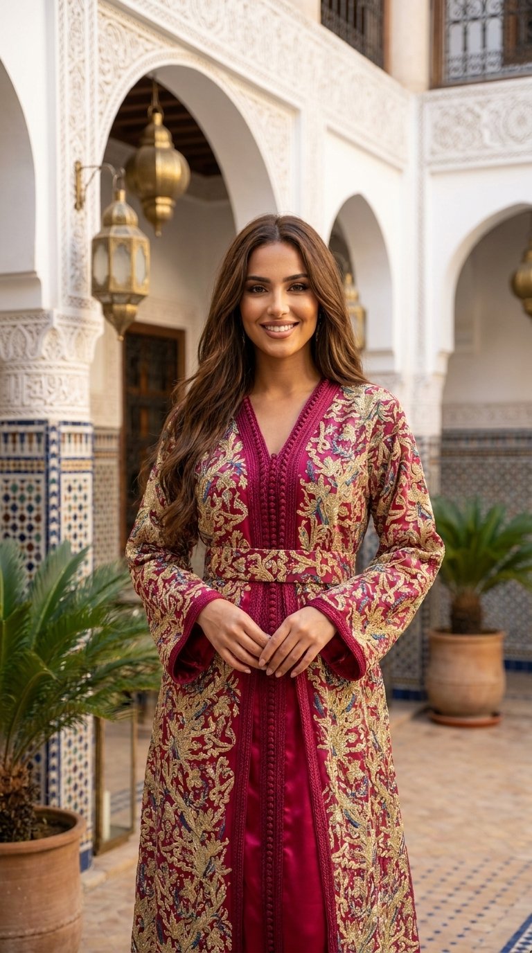 Fuchsia Moroccan takchita with ornate gold embroidery and colorful floral details