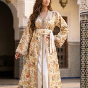 Luxury Cream Floral Silk Moroccan Takchita - Authentic Two-Piece Wedding Dress