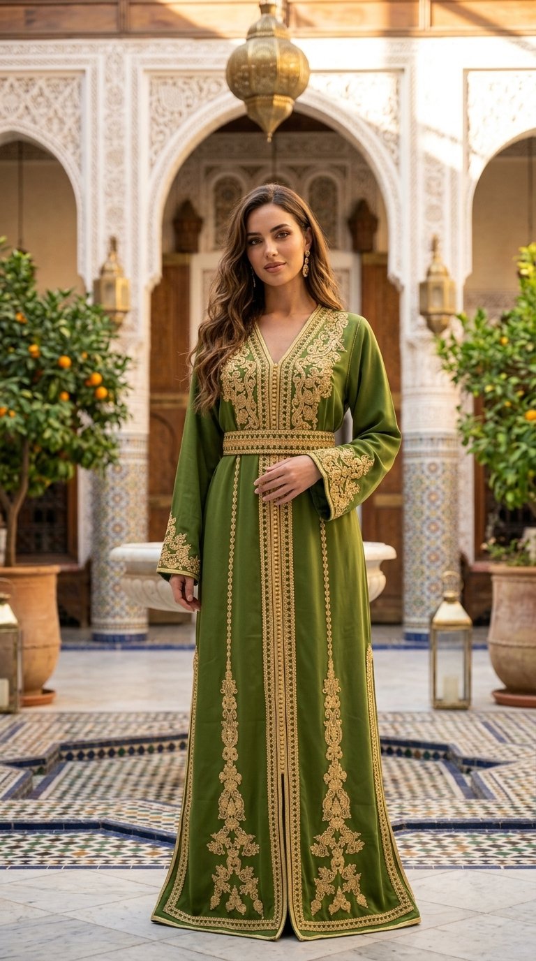 Olive green Moroccan caftan with gold embroidery and matching belt