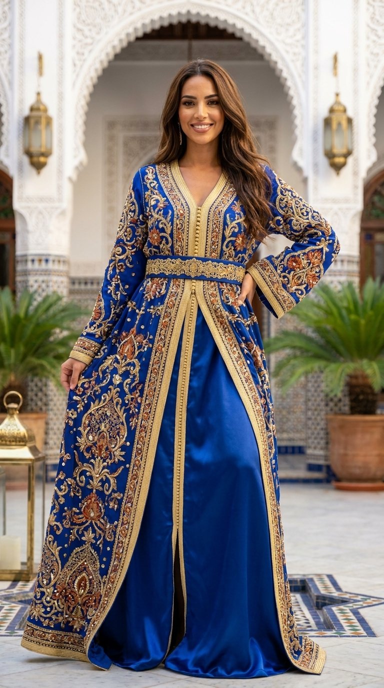 Model wearing a royal blue Moroccan takchita with ornate gold embroidery