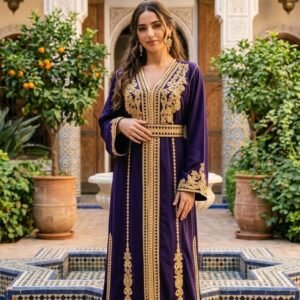 Royal purple Moroccan caftan with gold embroidery and matching belt