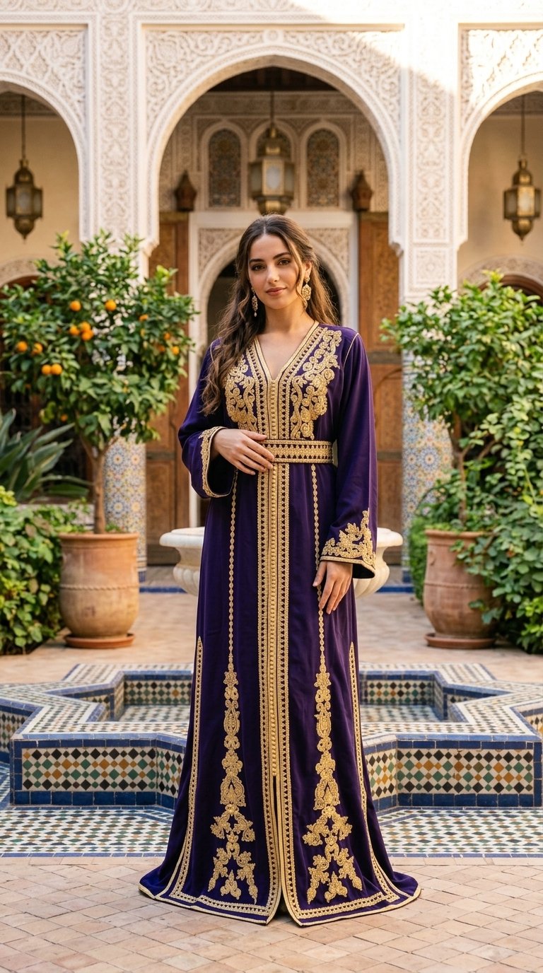 Royal purple Moroccan caftan with gold embroidery and matching belt