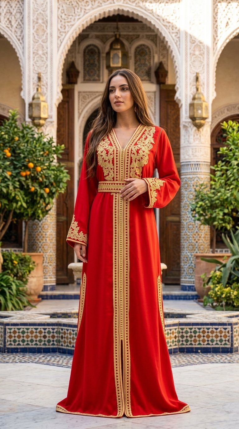 Royal red Moroccan caftan with gold embroidery and matching belt