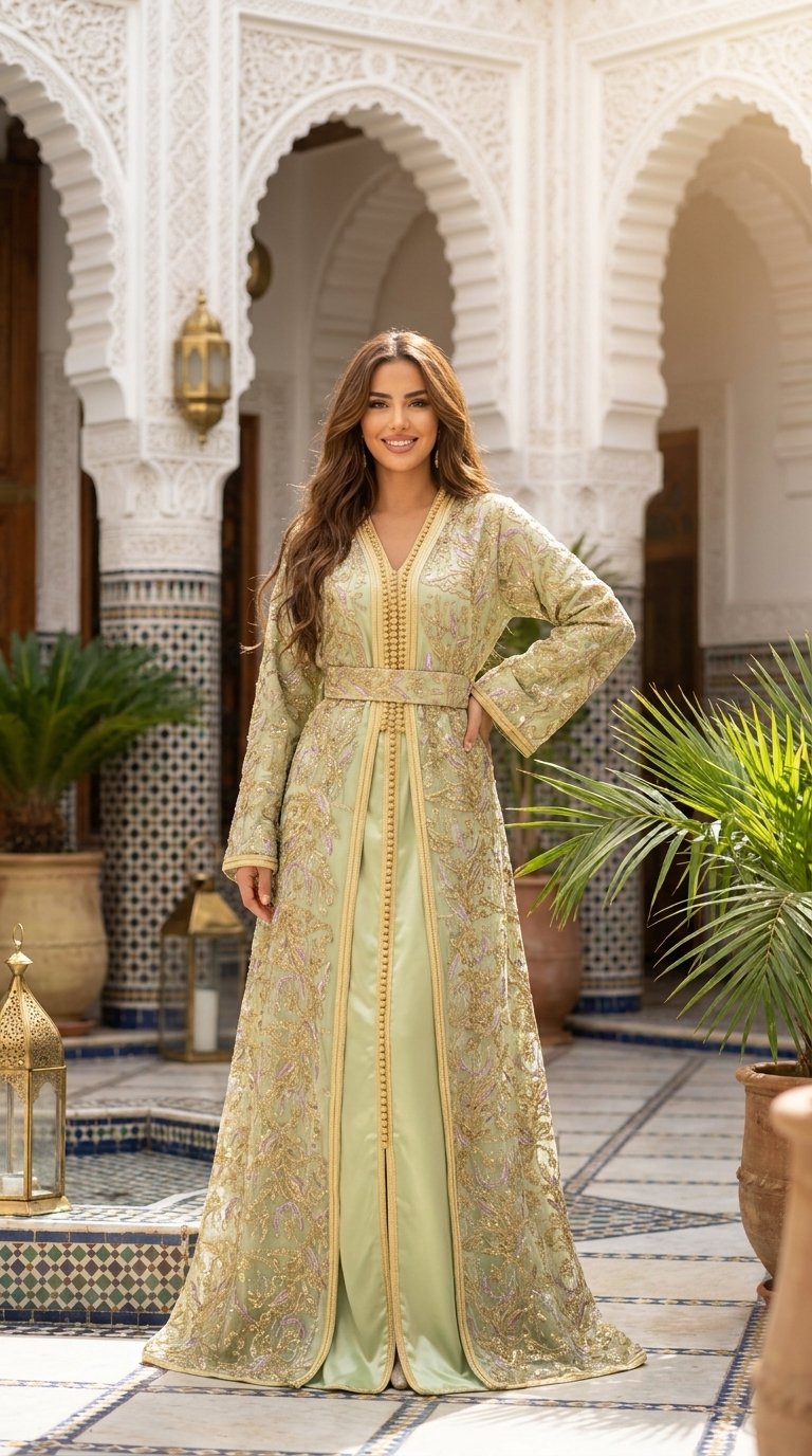 Sage green Moroccan takchita with intricate gold embroidery