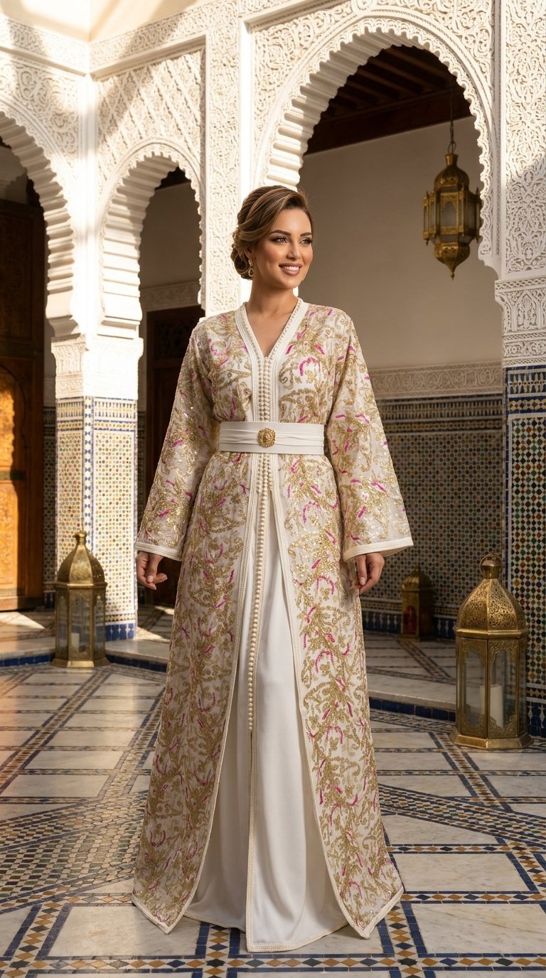 Ivory white Moroccan takchita with gold embroidery and pink accents